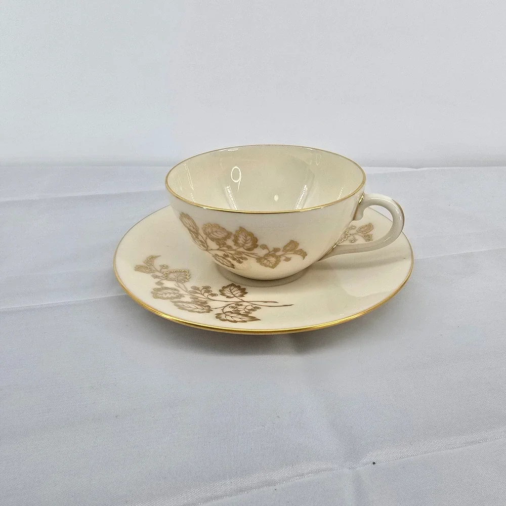 Lenox Celeste‎ T-426 Tea Cup and Saucer Set of 6 Ivory Gold Leaf Bone China USA